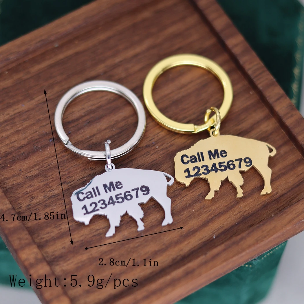 Stainless Steel Bison Ornament Great Plains Giant Buffalo Bison Pendant Key Chain Custom ID Phone Tag for Men and Women