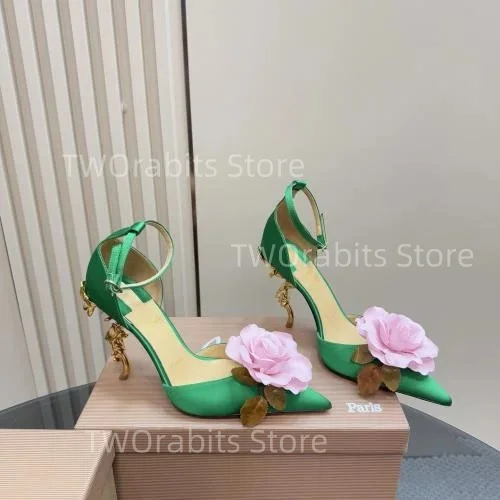 

Ankle Strap Women Shoes Flower Sandals Engrave Heels Point Toe Zapatos De Mujer Designer Chaussures Femme Dress Sandalias Sexy