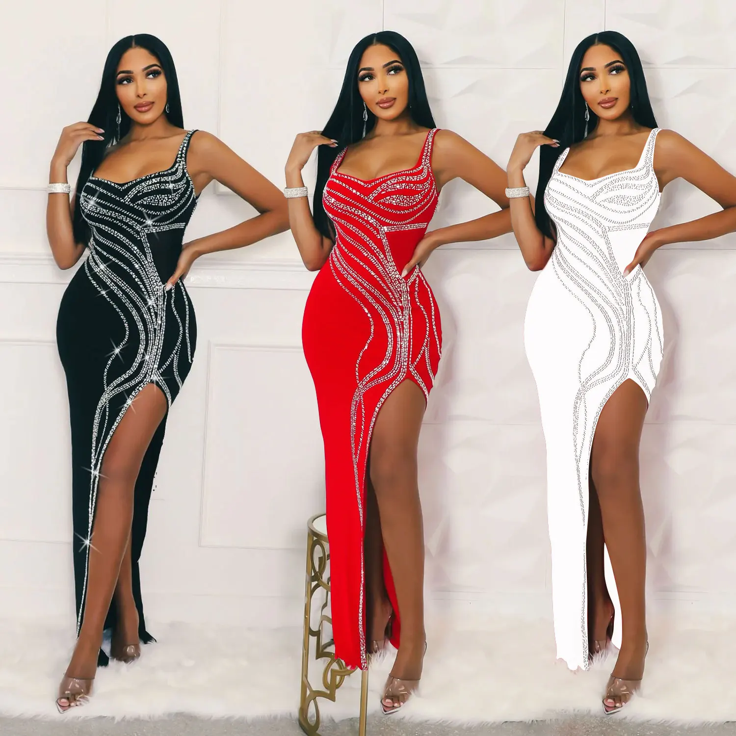 

Casual Women Long Dress Diamond Sleeveless Y2k Party Night Skiiny Slim Bodycon Dresses For Women Vestidos