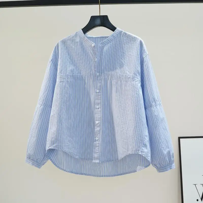 

Blue Striped Pure Cotton Casual Shirt Women's Loose Style Artistic New Model Top Button up Long Sleeve Stand Collar