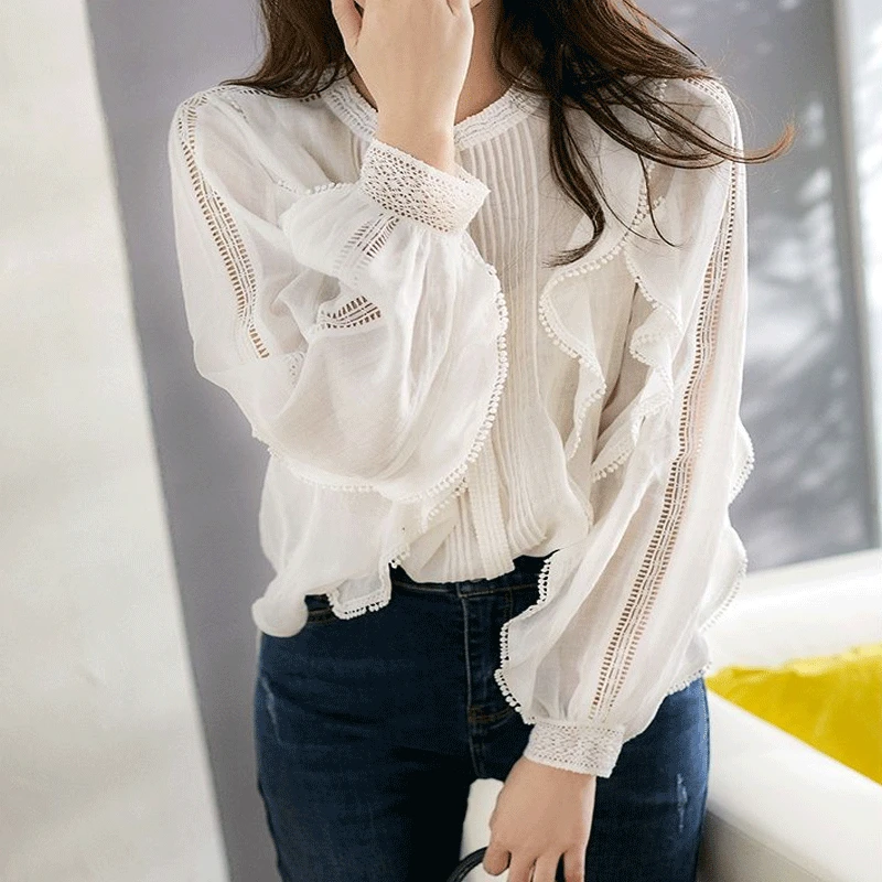 

Spring Autumn Fashion Korean Stand Collar Ruffle Shirt Women Long Sleeve Casual Korean Simple Lady Blouse Chic Female Clothes