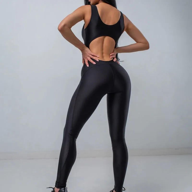 

Черные спортивные комбинезоны с открытой спиной для женщин, 2025 г., узкий комбинезон с запахом для фитнеса, тренировок в тренажерном зале, дышащий длинный комбинезон с открытой талией 85165
