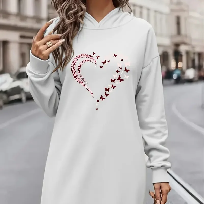 2025 Women's Floral 3D Pattern Hoodie Dress - Beige, featuring pink and blue floral prints, with a flowing long skirt