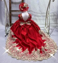 Customized Luxury Flower Girl Dress for Wedding Sky Blue Satin Tulle Gold Applique Beading Sleeveless Child Birthday Party Dress