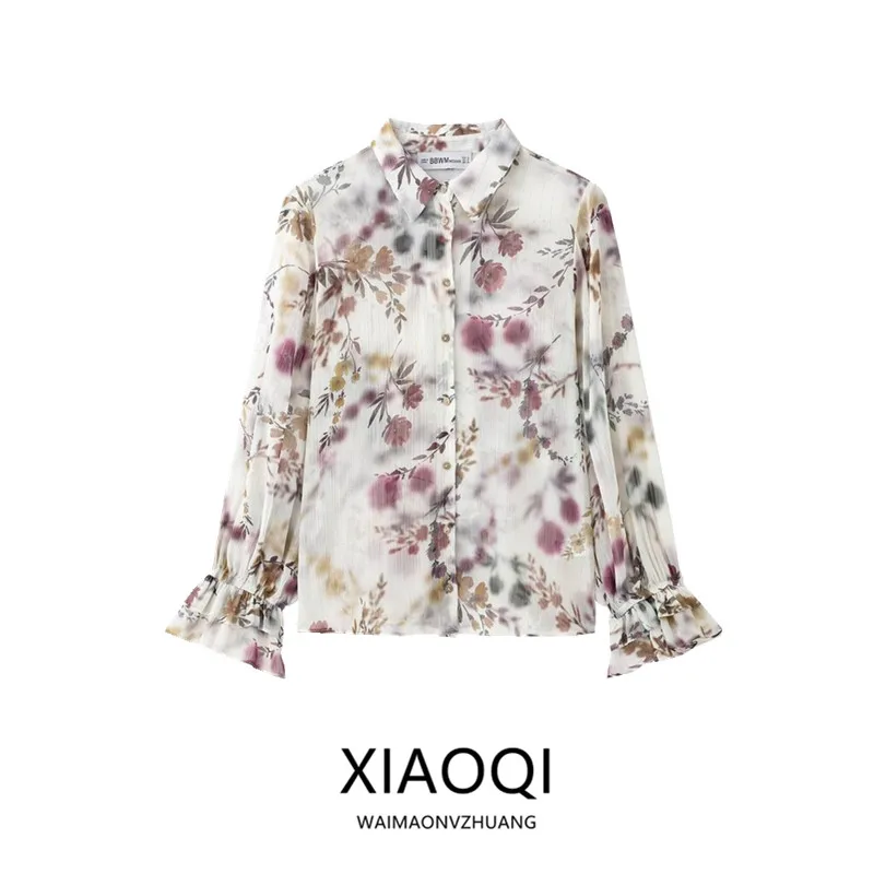 

Spring 2025 Women's Faion Long Sve Printed irt Metal Color Turn-down Collar New Arrival Sweet Sle Loose Fit Regular ...