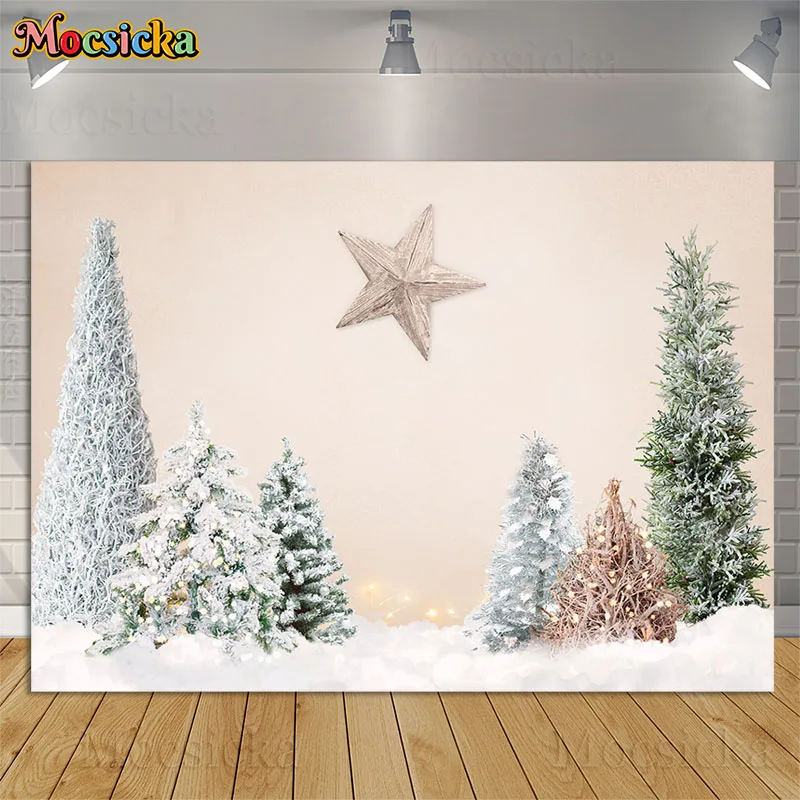 

Merry Christmas Photography Backdrop Baby Kids Birthday Cake Smash Background Winter Snowy Xmas Tree Star Photo Shoot Photocall