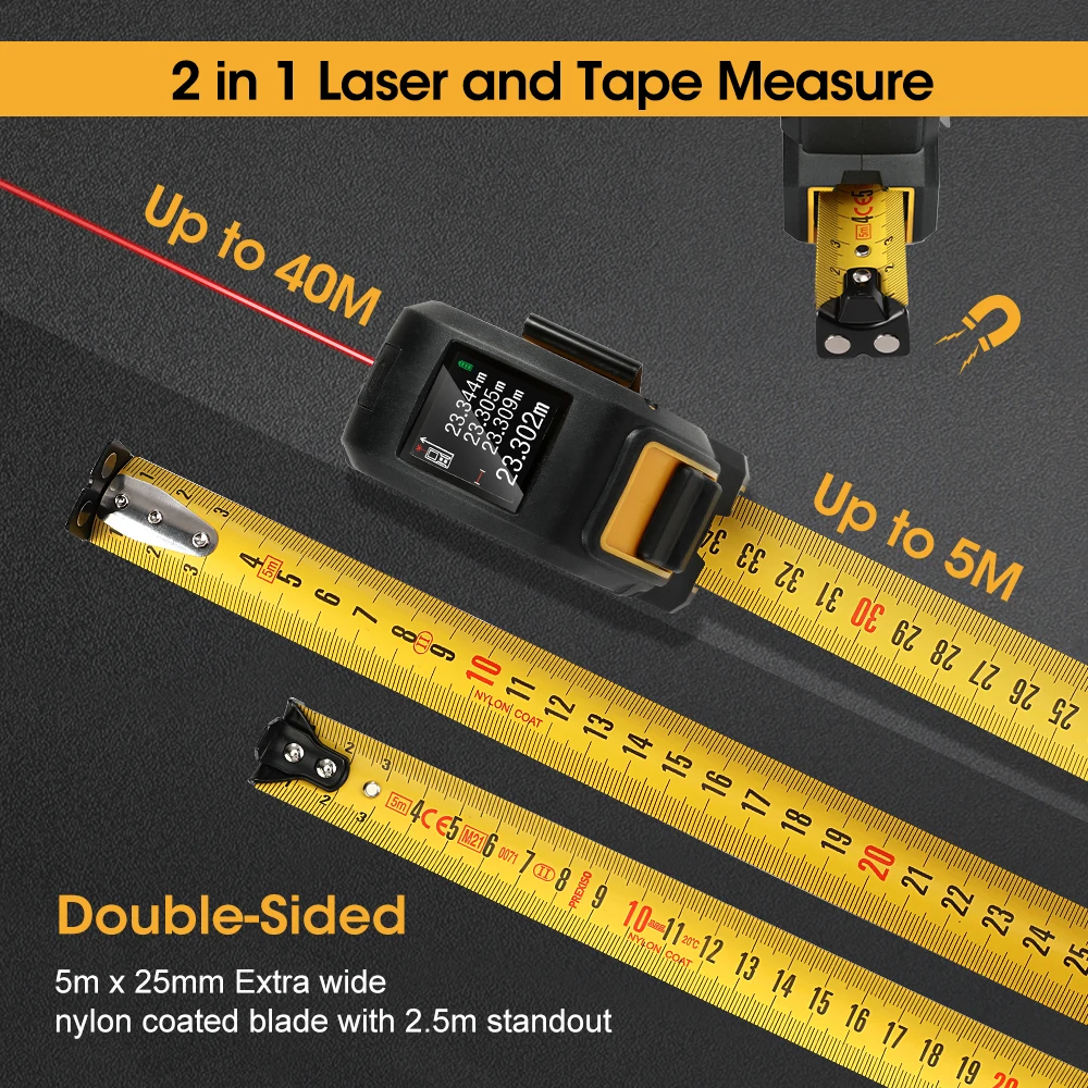 PREXISO 2 IN 1 Laser Tape Measuring Retractable Distance Meter 40M Digital Laser & 5M Tape Measure Range Finder Lazer Metreler