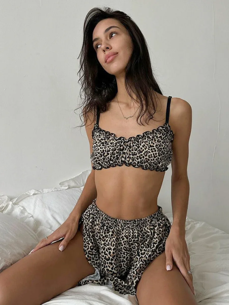 Mozuleva Autumn New Leopard Print Sexy Hot Girl Vest+Shorts Pajama Set Loose Women\'s Comfortable Home Clothing Strap Pajama Set