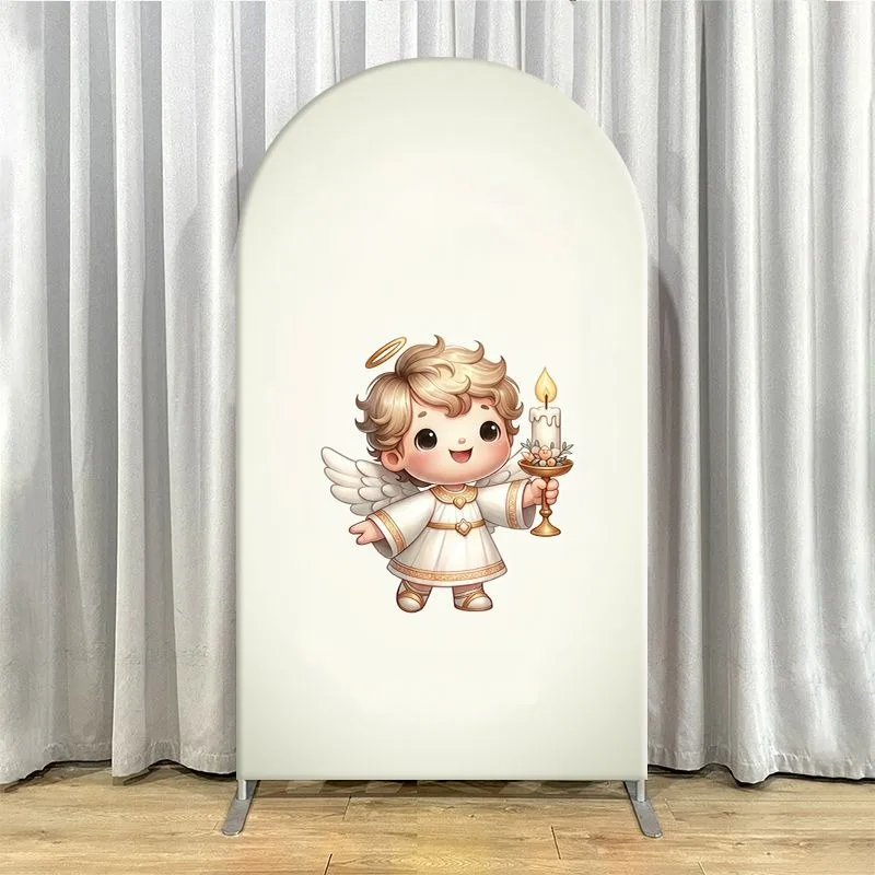 Single Side Arch Backdrop Cover Elegant Baptism Theme Backdrop Set Featuring Bible Cross and Angel Design with Gold Accents
