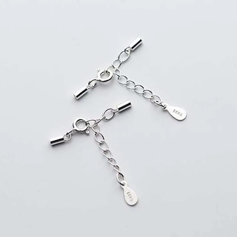 Real Pure Solid 925 Sterling Silver Spring Clasp Claw Buckle With Extension Chain Leather Rope Connector Jewelry Component