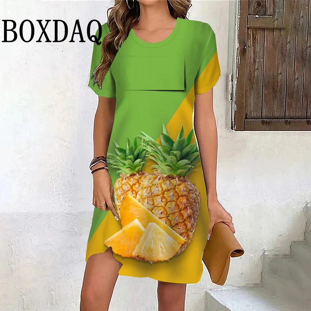 Women Summer Pineapple Printed Dress Sweet Casual Vacation Clothing Beach Style Short Sleeve Fashion Loose Plus Size Dresses New