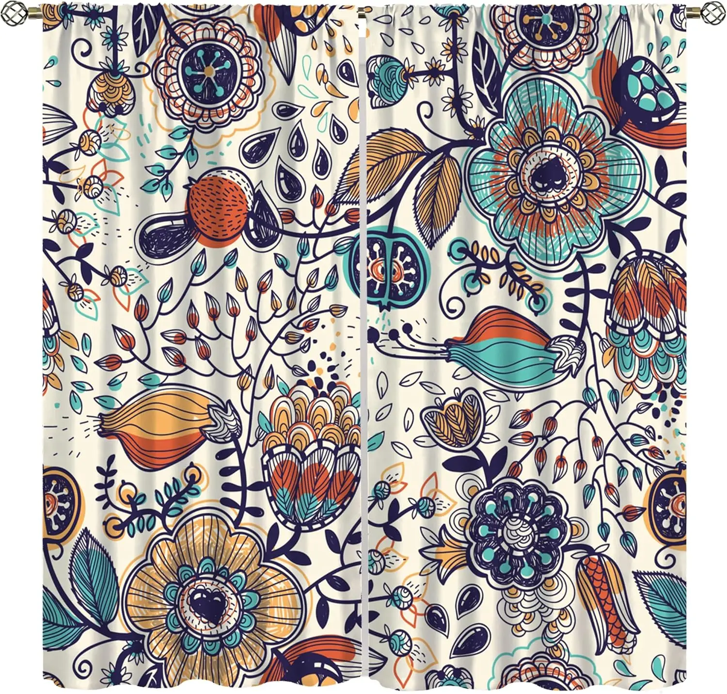 Boho Floral Curtains,Bohemian Art Abstract Flower Print Decor,Rustic Botanical Print Home Bedroom Living Room Kitchen