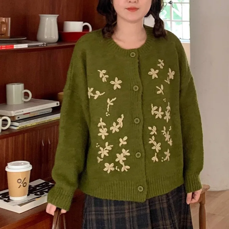 Retro Fashion Cardigan Temperament Versatile Green Embroidered Sweater Cardigan Autumn Winter Sticky Lazy Forest Knitted Jacket