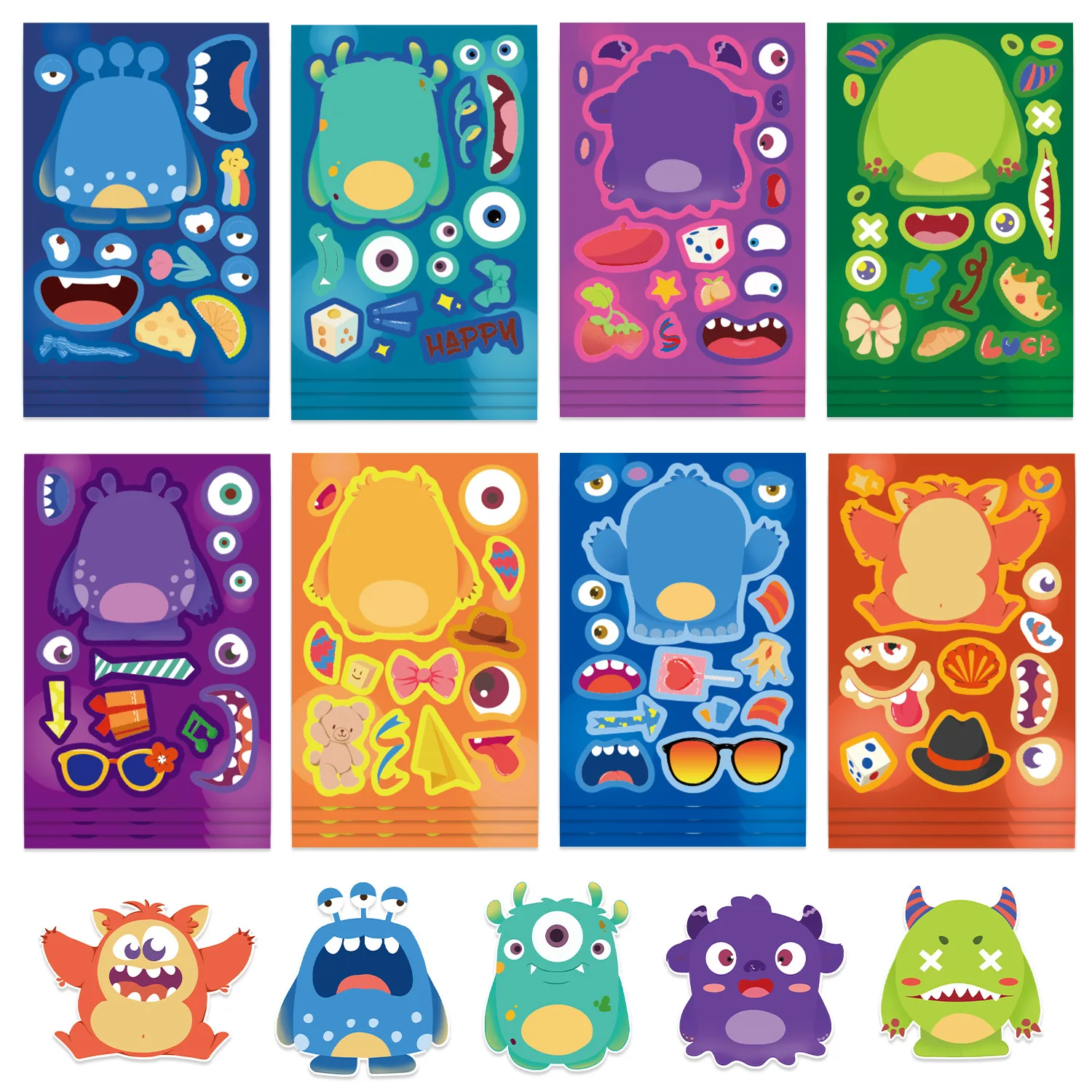 

8-Design Cartoon Monster Make A Face DIY Sticker Decals for Phone Laptops Suitcase Fridge Student Stationery Decoration