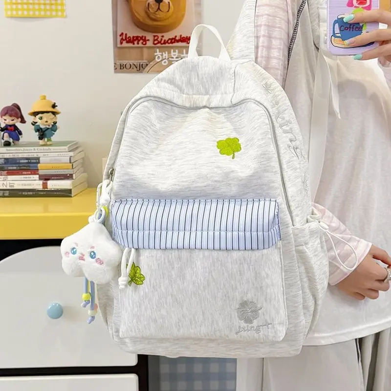 Cute Cloud Pendant Backpack Large Capacity Striped School Bag Travel Daypack For Women Girls Student Ample Storage Space