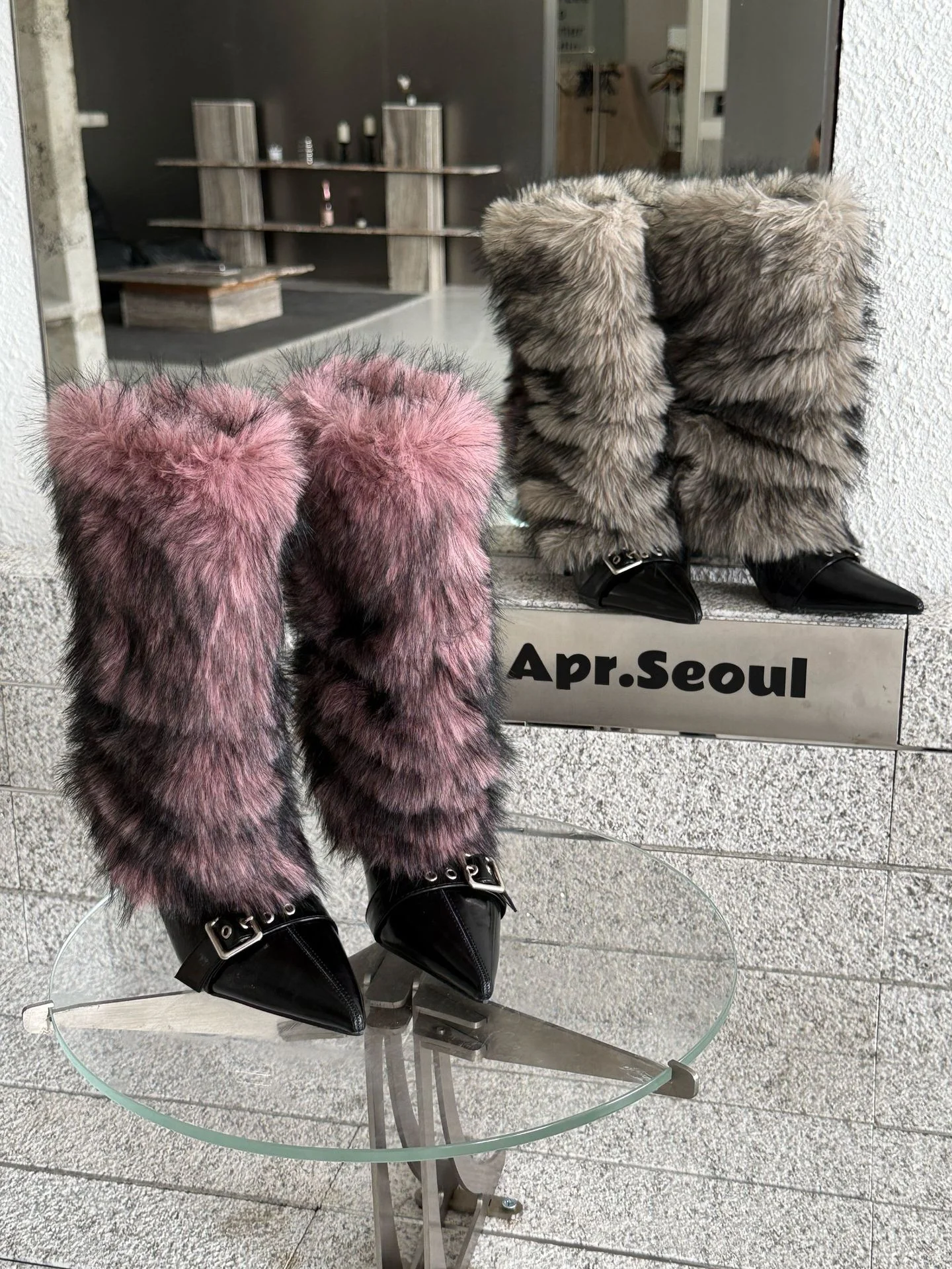 

New Autumn & Winter Pointed-Toe Stiletto Heel Boots Faux Fur Mid-Calf Booties Black Patent Leather Buckle Detail Boots