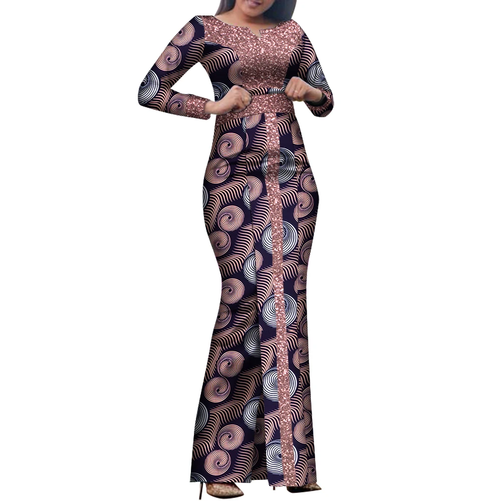 Bintarealwax African Maxi Dress Bazin Riche Sequined Print Wax Long Dresses Long Sleeve Plus Size S-7XL Africa Clothing WY8458
