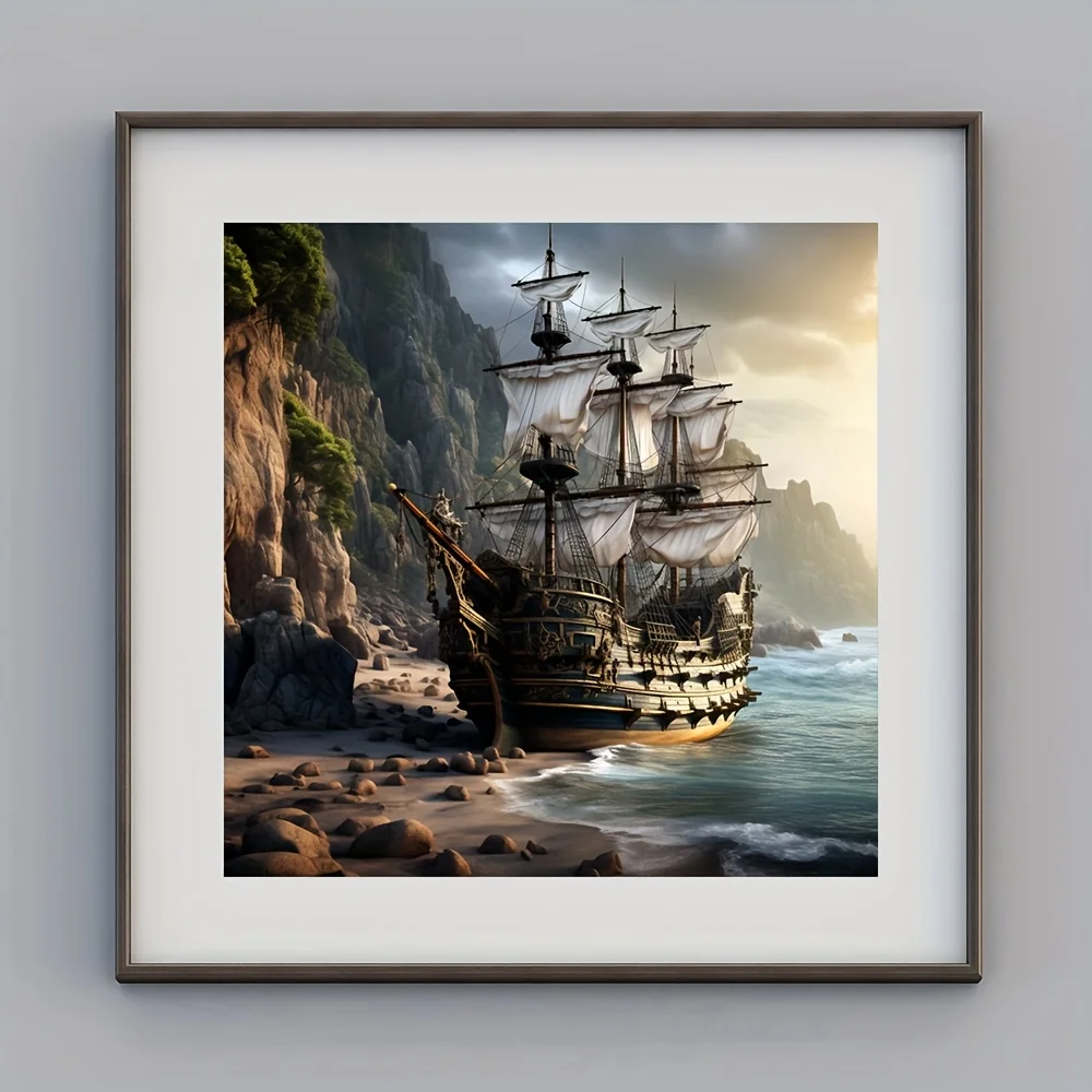 مجموعة الطلاء الماسي للمغامرة البحرية - مشهد سفينة شراعية مهيب، ألماس أكريليك دائري، مجموعة فنية جدارية وحرف يدوية بدون إطار، #2