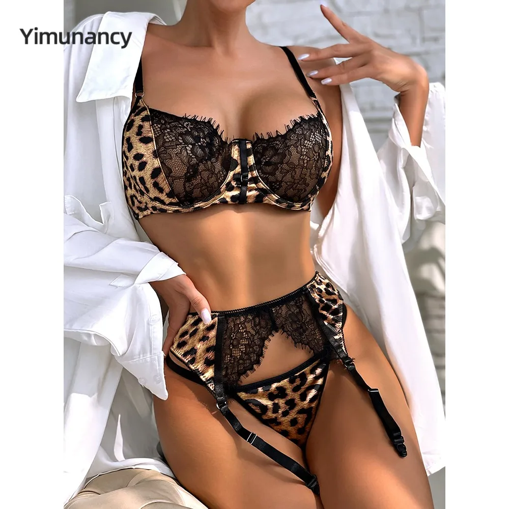 Yimunancy Leopard Print Lace Patchwork Lingerie Set Women Gothic Bra + Panty Underwear Set Sexy Erotic Garter Breif Kit