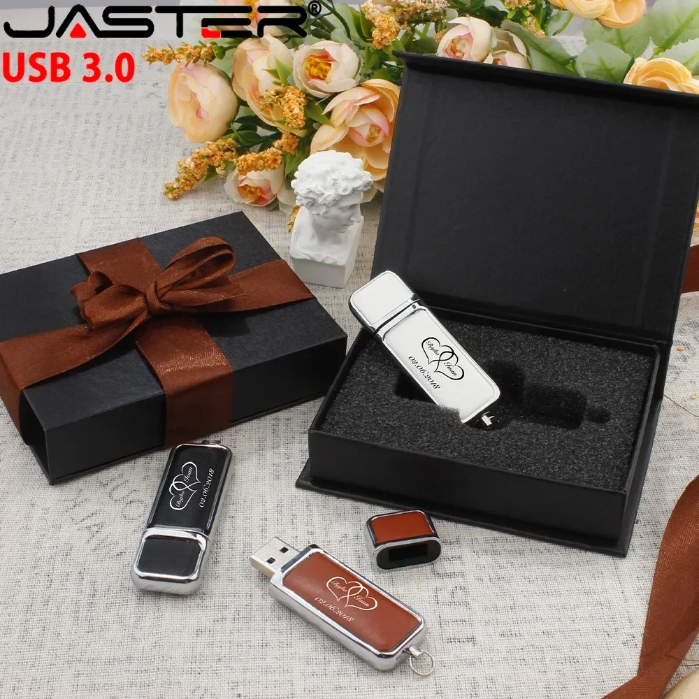 

High Speed Leather USB 3.0 Flash Drive 128GB Free Custom Printed Logo Pen Drive 8GB Memory Flash Stick Creative Wedding Gift Box