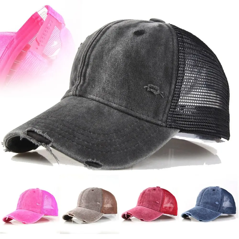 

Fashion Broken Hole Baseball Cap Washed Cotton Adjustable Fishing Cap Hip-hop Breathable Mesh Trucker Hat For Man Women