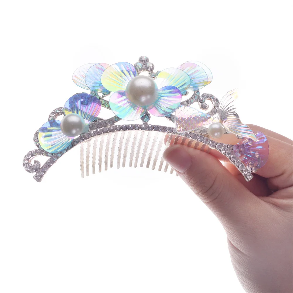 Girls Princess Mermaid Rhinestone Comb Crown Tuck Comb Snow Headwear Hair Fork Marine Style Hair Accessories For Girl