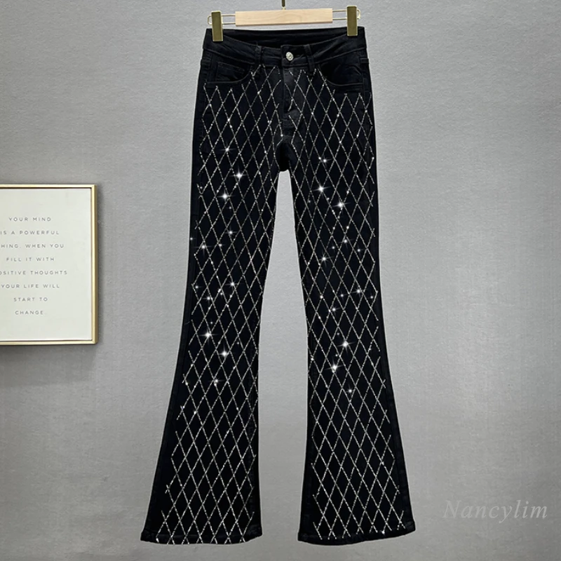 Heavy Industry Full Diamond Denim Boot-Cut Pants Women's 2024 New Spring and Summer Clothing High Waist Slim Black Jeans