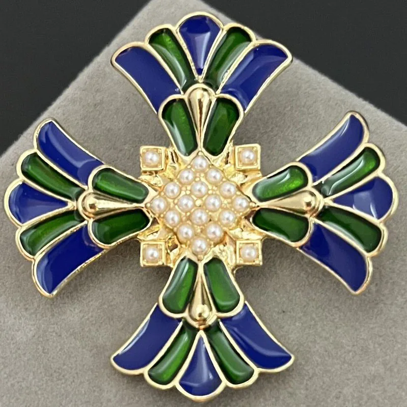 Maltese Cross Brooch Pin Faux Pearl Gold Tone Green Blue Enamel Pendant Medieval