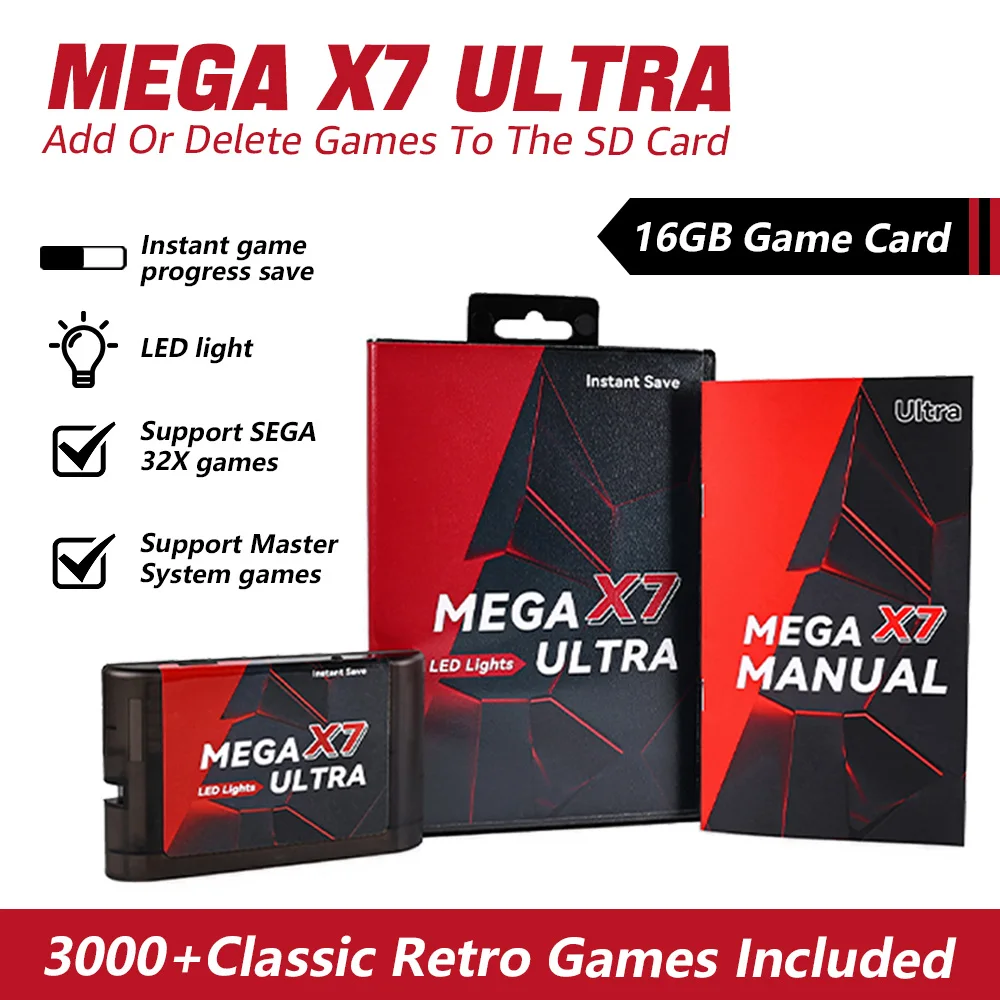 

Instant Save Mega X7 Ultra LED Light Game Cartridge for SEGA GENESIS Mega Drive MegaDrive Game Console With Manual Support 32x