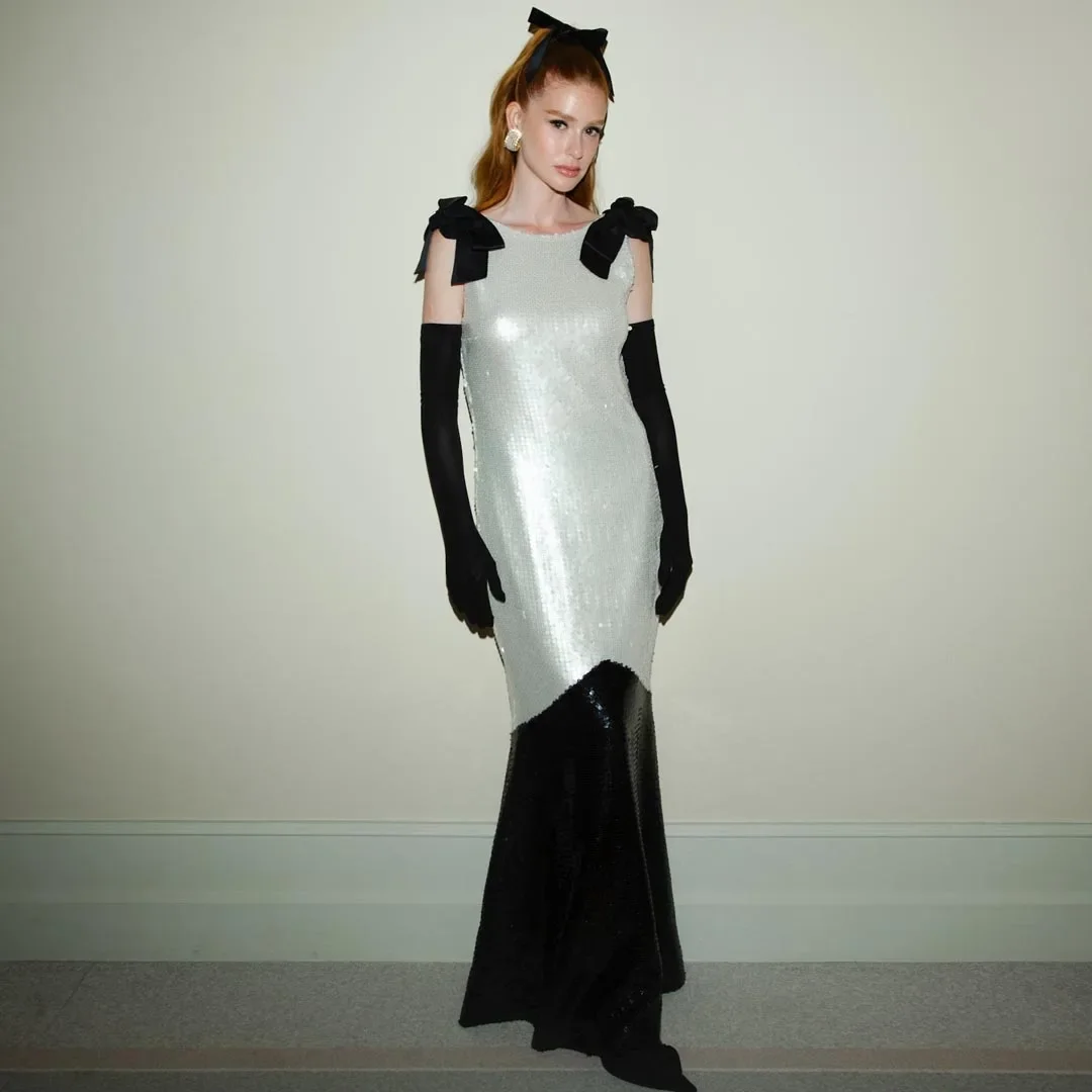

Customized Exquisite Sequined Mermaid 3D Bow Evening Dress High Quality Sleeveless Floor Length prom dresses Custom Size