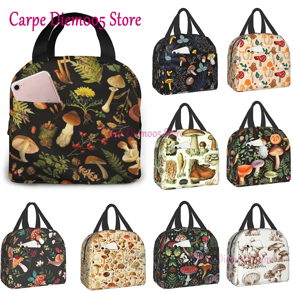 Cute Mushroom Print Thermal Food Picnic Lunch Bags For Women Portable Lunch Box Insulated Canvas Lunch Bag Kids Lunch Box Tote