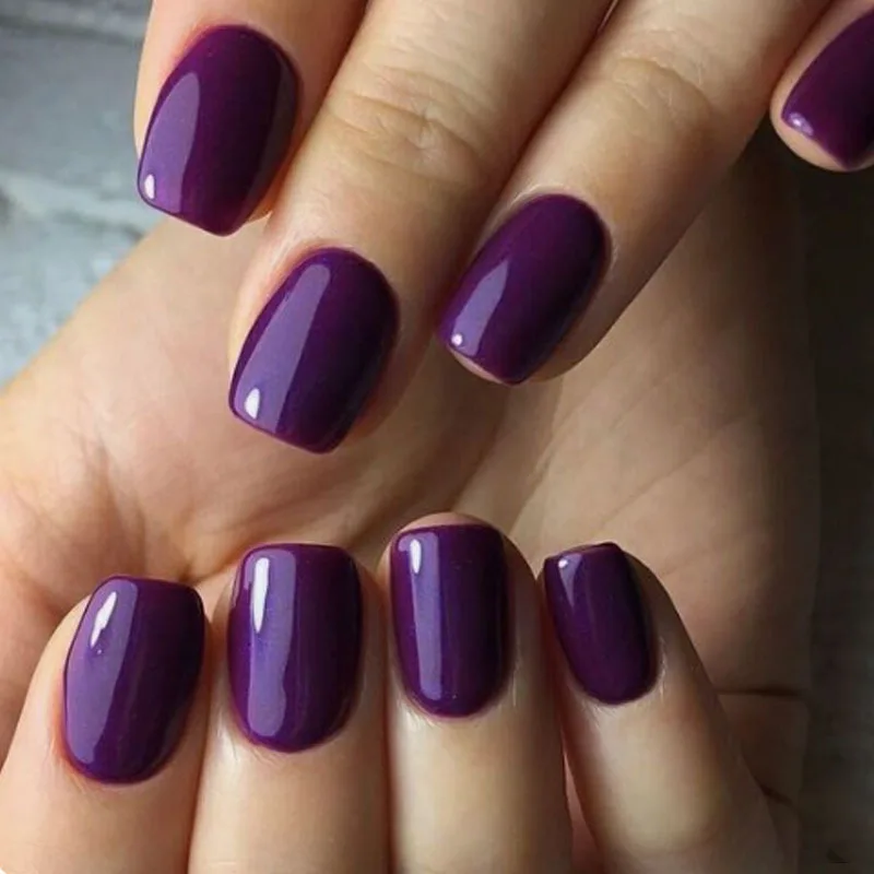 24 pçs simples curto roxo cobertura completa dicas de unhas com aurora pó brilhante unhas falsas imprensa em ins quadrado unhas falsas conjuntos acabados
