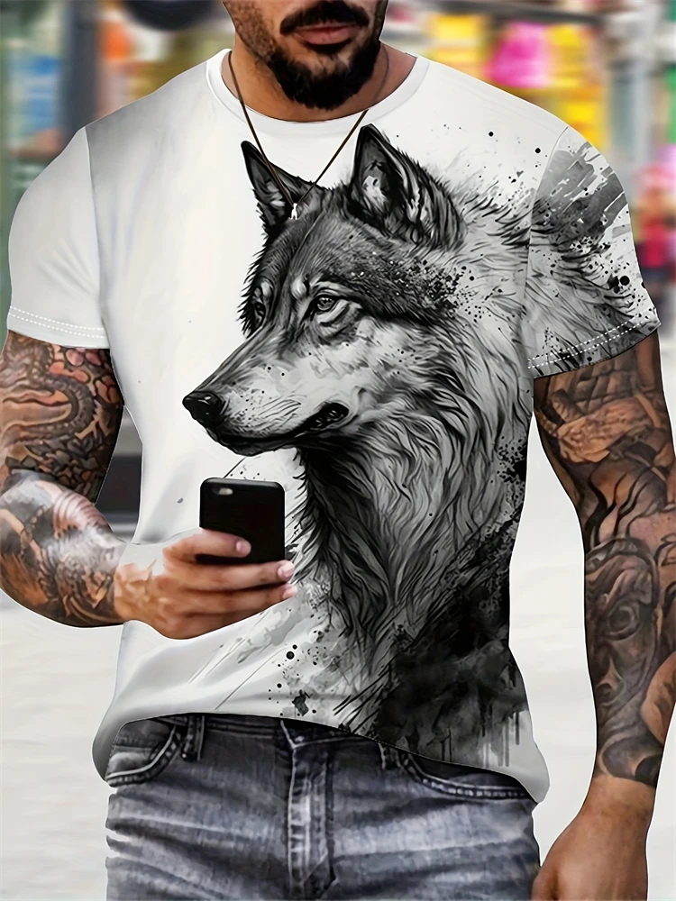 Men's Crew Neck Short Sleeve T-shirt Fashion Personality Lone Wolf Print Daily Outdoor Comfortable Breathable Men's Short Sleeve