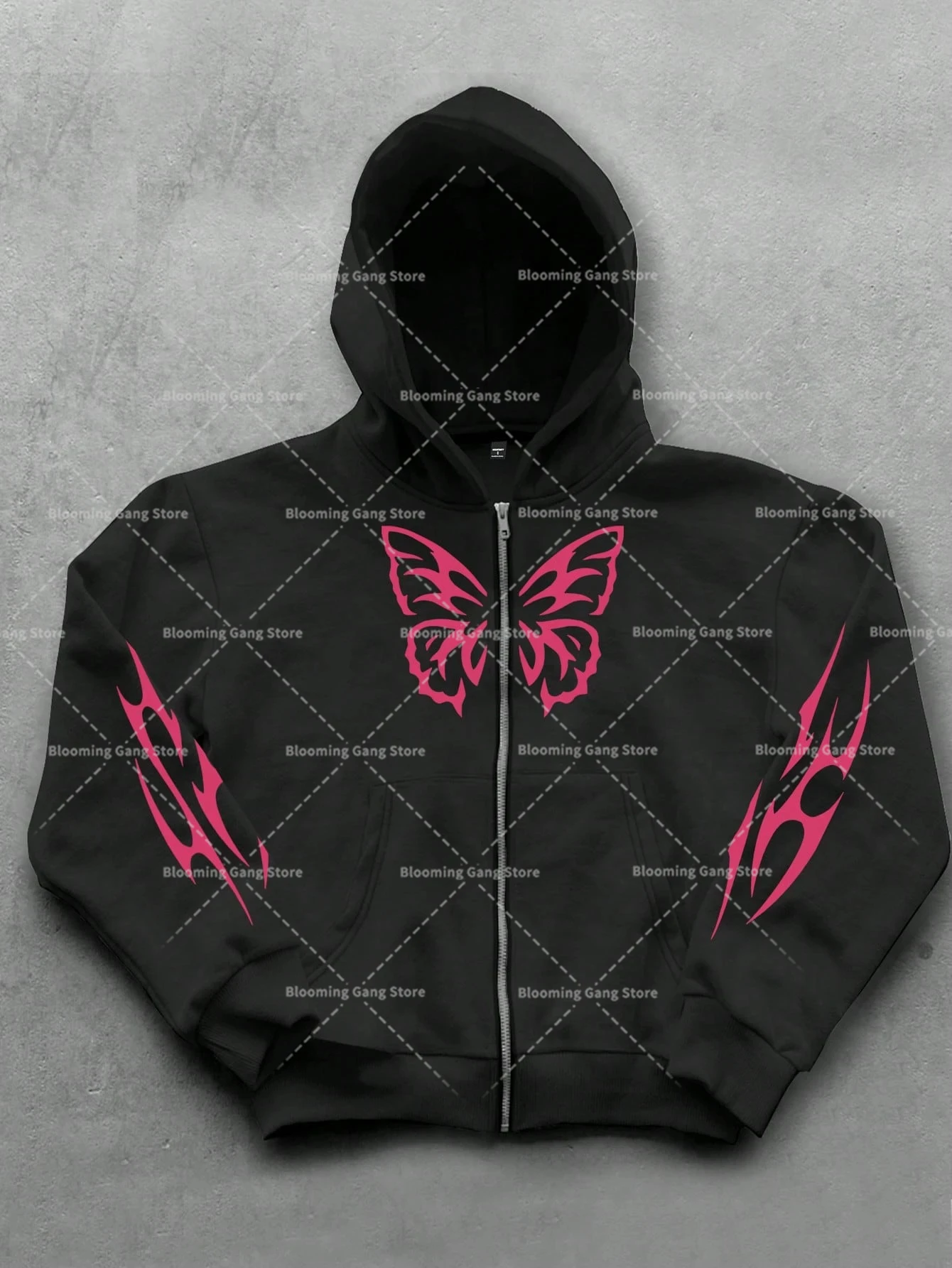 

New Pink Butterfly Men Totem Pattern Sweatshirt Simple And Fashionable Spring And Autumn Style Hooded Zipper Couple Sweatshirt