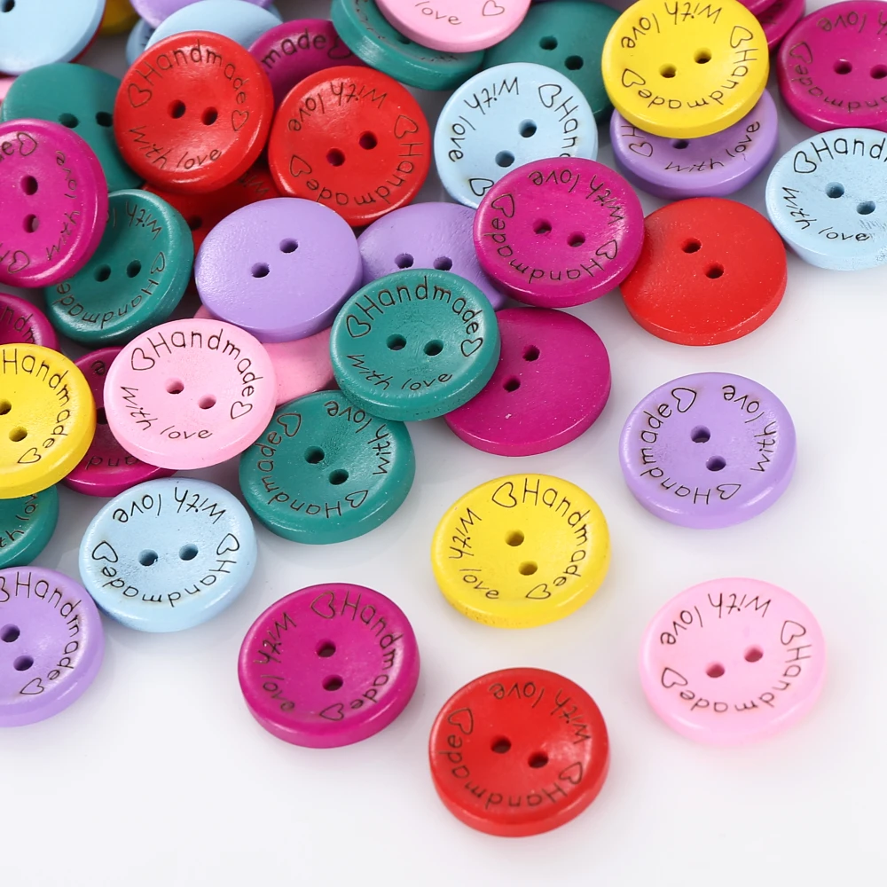 50Pcs/lot Wood Buttons Random Mixing Arts Crafts Round Button Handmade with Love DIY Accessories Gift