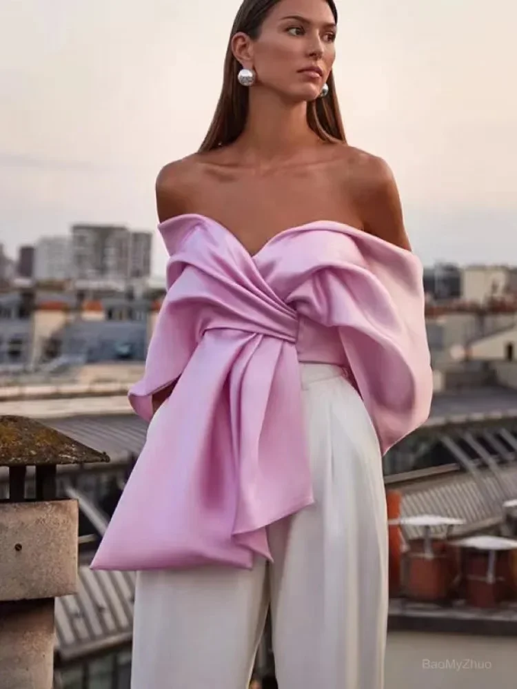 2024 Zomer Elegante Satijnen Damestop Sexy Rugloze Geplooide Strik Streetwear Damesoverhemden Lentefeest Off Shoulder Tops