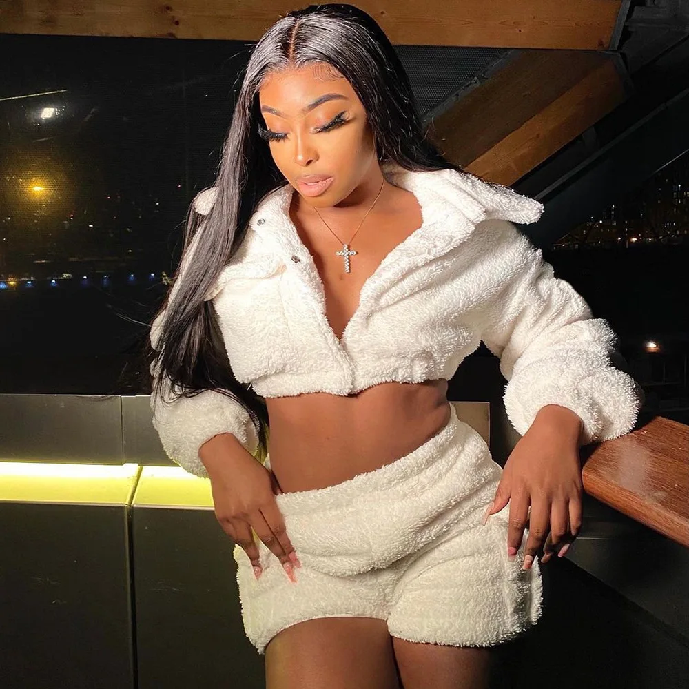 

BKLD Plush Set Solid Color Two Piece Outfits Women New Fashion Single-Breasted Long Sleeve Top Shorts Sets 2025 Winter New
