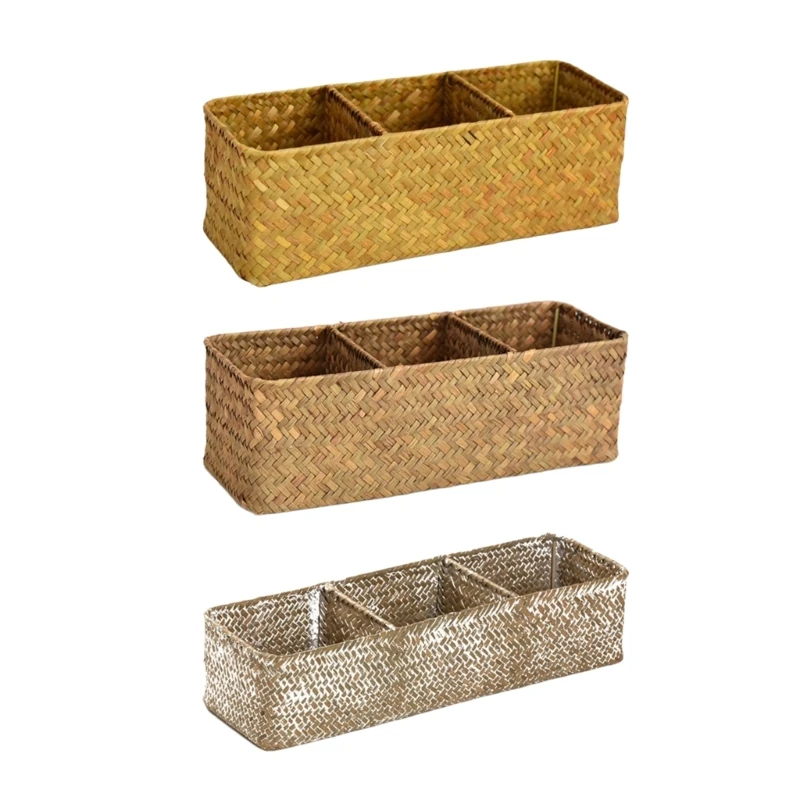 

Storage Basket Sea Grass Stationery and Makeup Box Desktop Box with Compartments for Office and Home Use