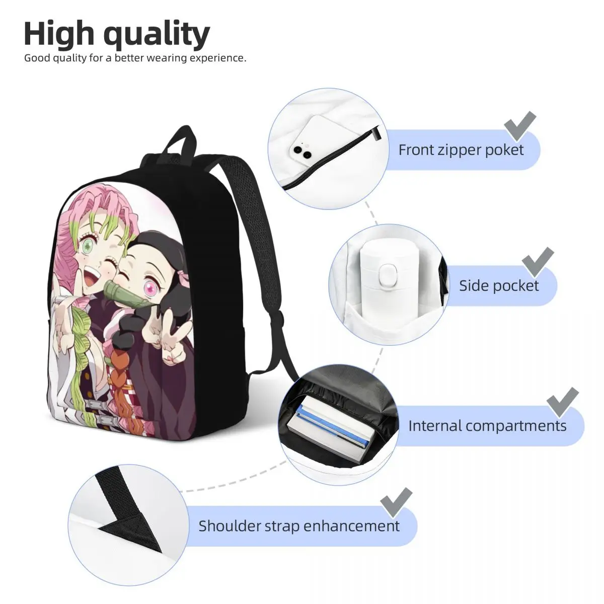 Mochila Kawaii Nezuko con Kanroji Mitsuri para hombre y mujer, morral escolar para estudiantes de secundaria, Demon Slayer, mochila de día para senderismo