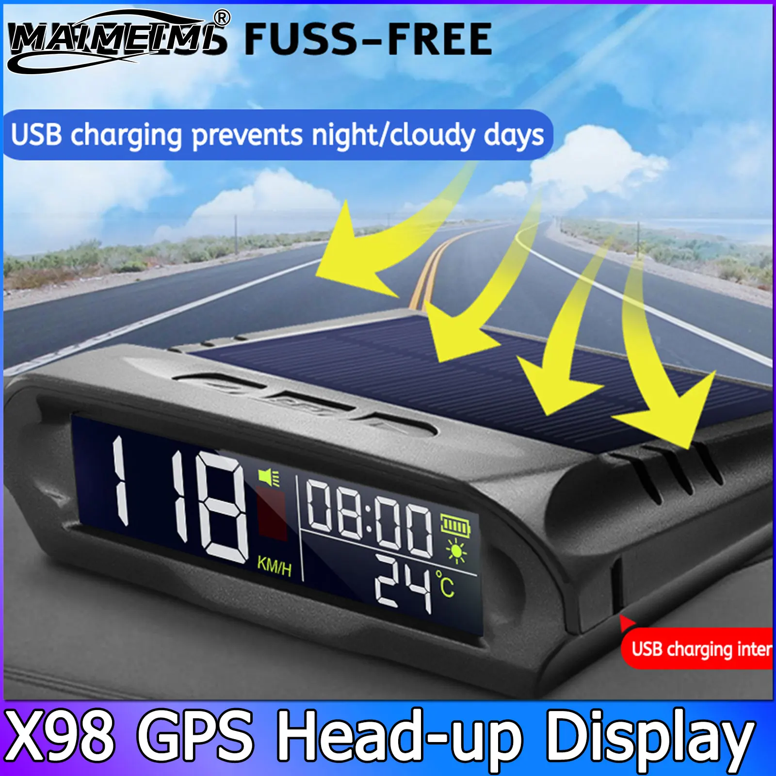 

X98 HUD Speedometer KMH with Solar Charging Head-Up Display with GPS Vehicle Speed Measurement Altitude Time Temperature