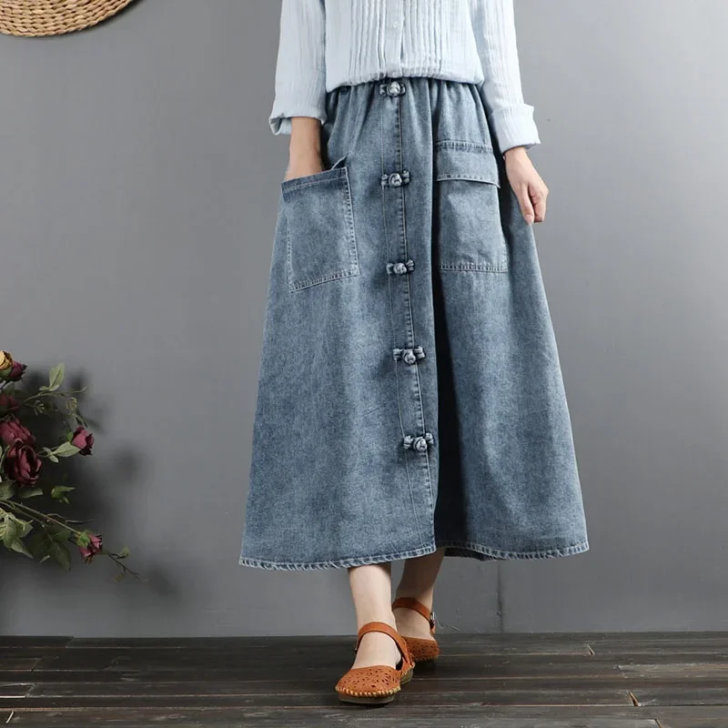 Rok denim Vintage untuk wanita, rok jeans pinggang tinggi wanita, rok A-line retro berkancing, Rok midi ukuran plus 10194