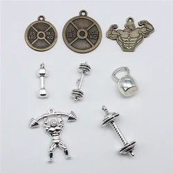 10pcs Weightlifting Fitness Barbell Kettle Bell Charms For Jewelry Making Sport Charms Pendant
