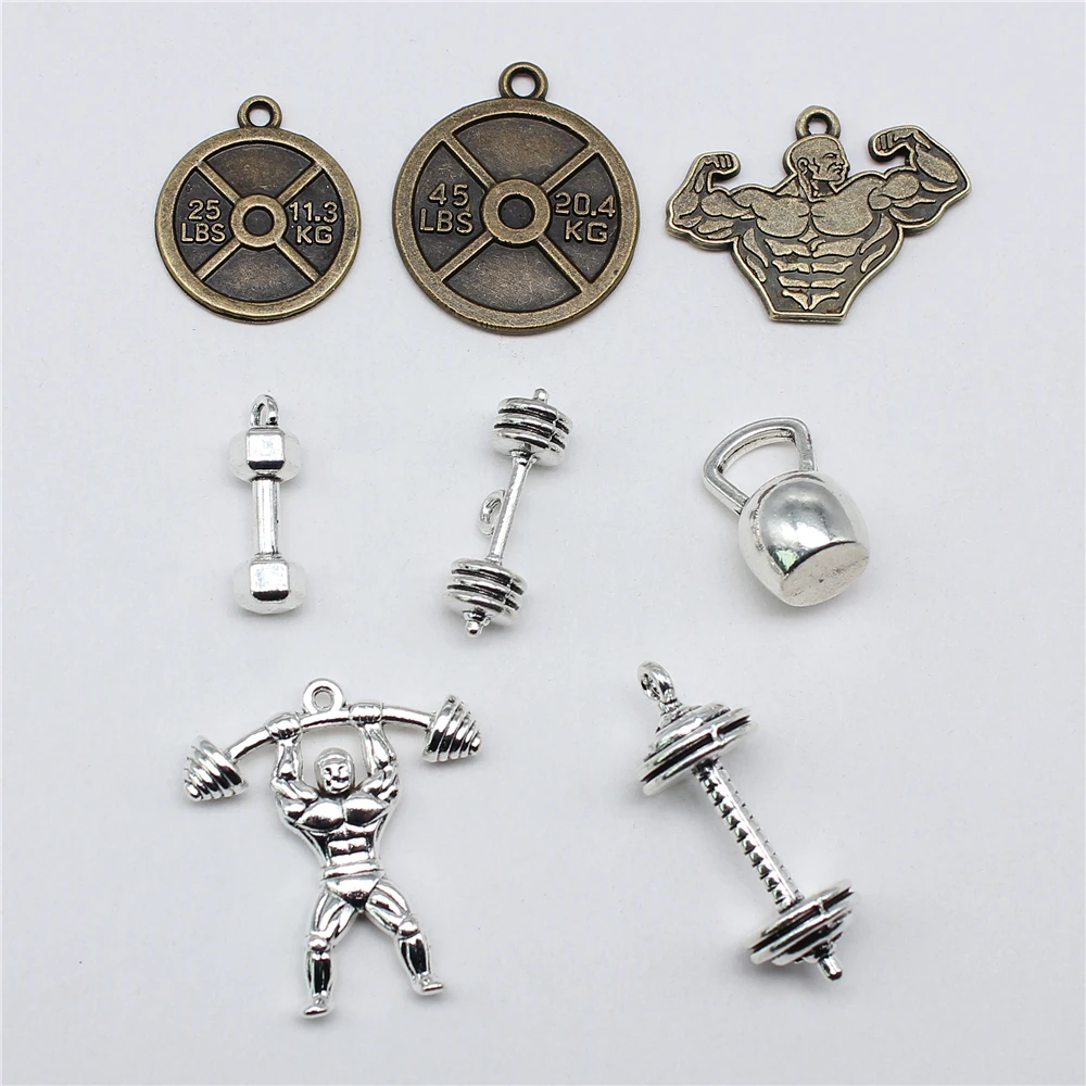 10szt Podnoszenie ciężarów Fitness Sztanga Czajnik Dzwonek Charms Do Tworzenia Biżuterii Sport Charms Wisiorek