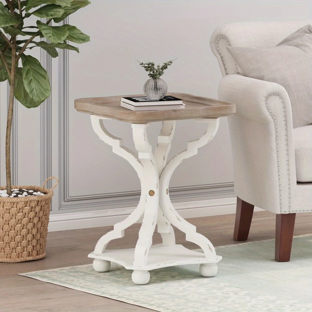 Vintage Accent End Table, Natural Tray Top Side Table Nightstand, Rustic Farmhouse Bedside Table for Living Room, White