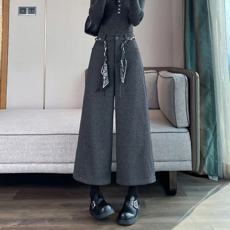 Women High Waist Wide Leg Cropped Pants With Scarf Belt Decor Pocket Loose Casual Calf Length Trousers