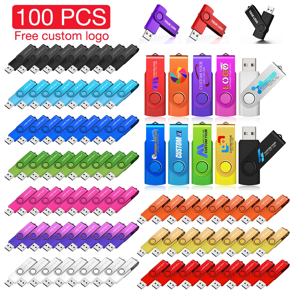 100PCS USB Flash Drive 128GB Free Custom Logo Memory Stick 64GB 100 Pieces Wholesale Pen Drive Rotatable Business Gift Pendrive