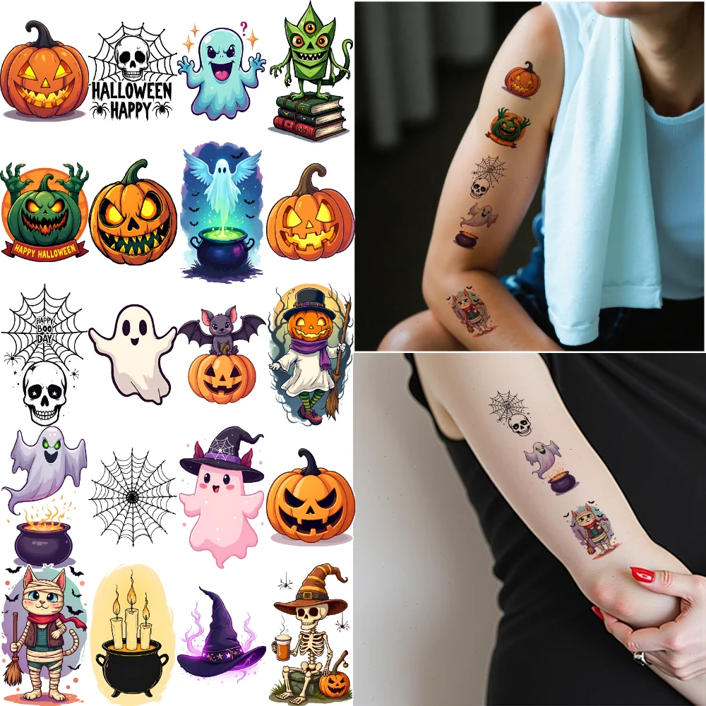 54pcs Temporary Tattoo Ghost Cartoon Witch Spider Waterproof Long-lasting Body Stickers Eyeball For Shoulders Men