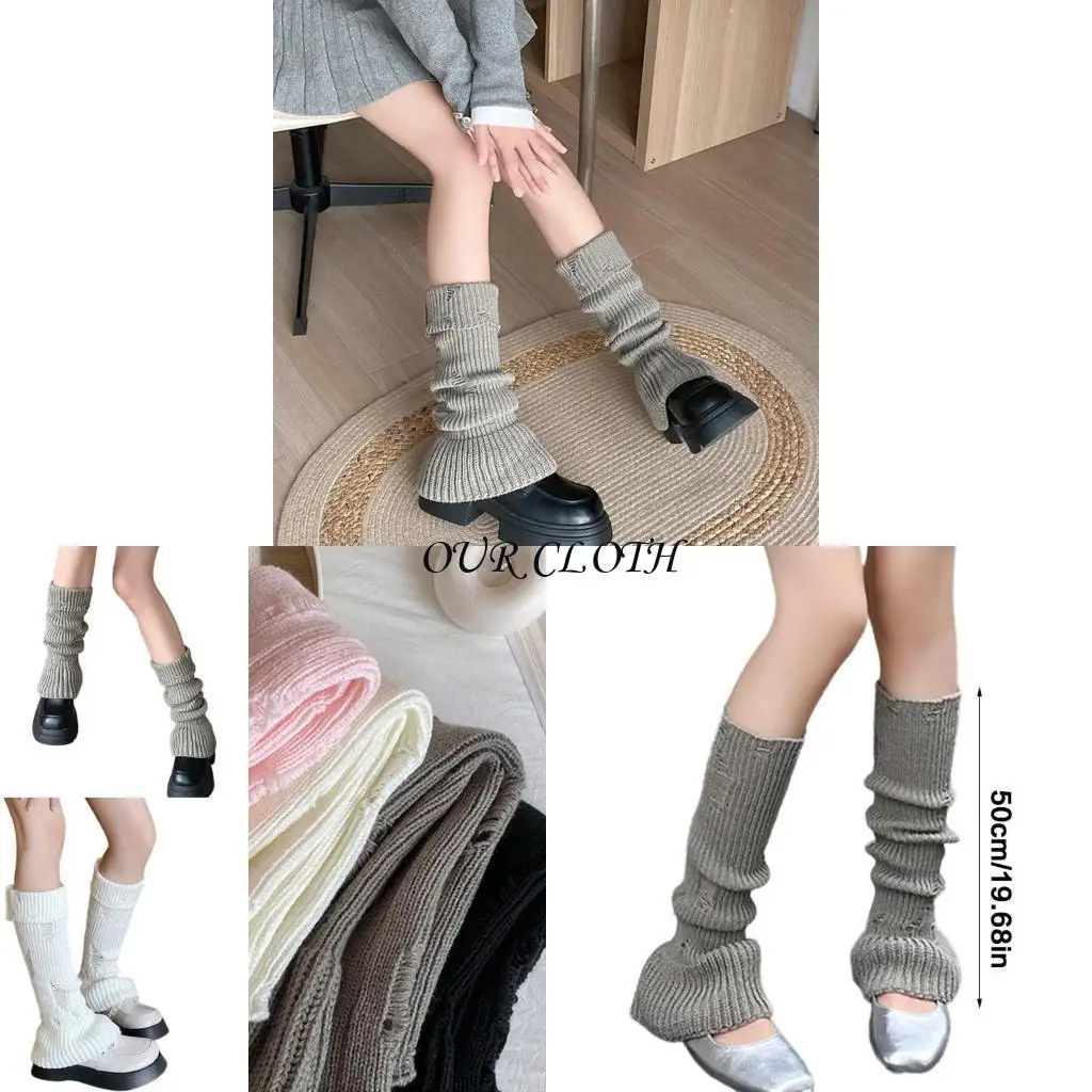 

Solid Color Leg Warmers for Women Japanese Harajuku Ribbed Knitted Ripped Distressed Leg Cover Flared Socks Streetwear Y1AC