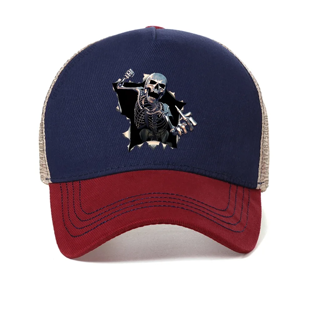 Metal Angry Skeleton Skull print mesh baseball cap fashion adjustable sports sun caps outdoor casual Breathable trucker hat