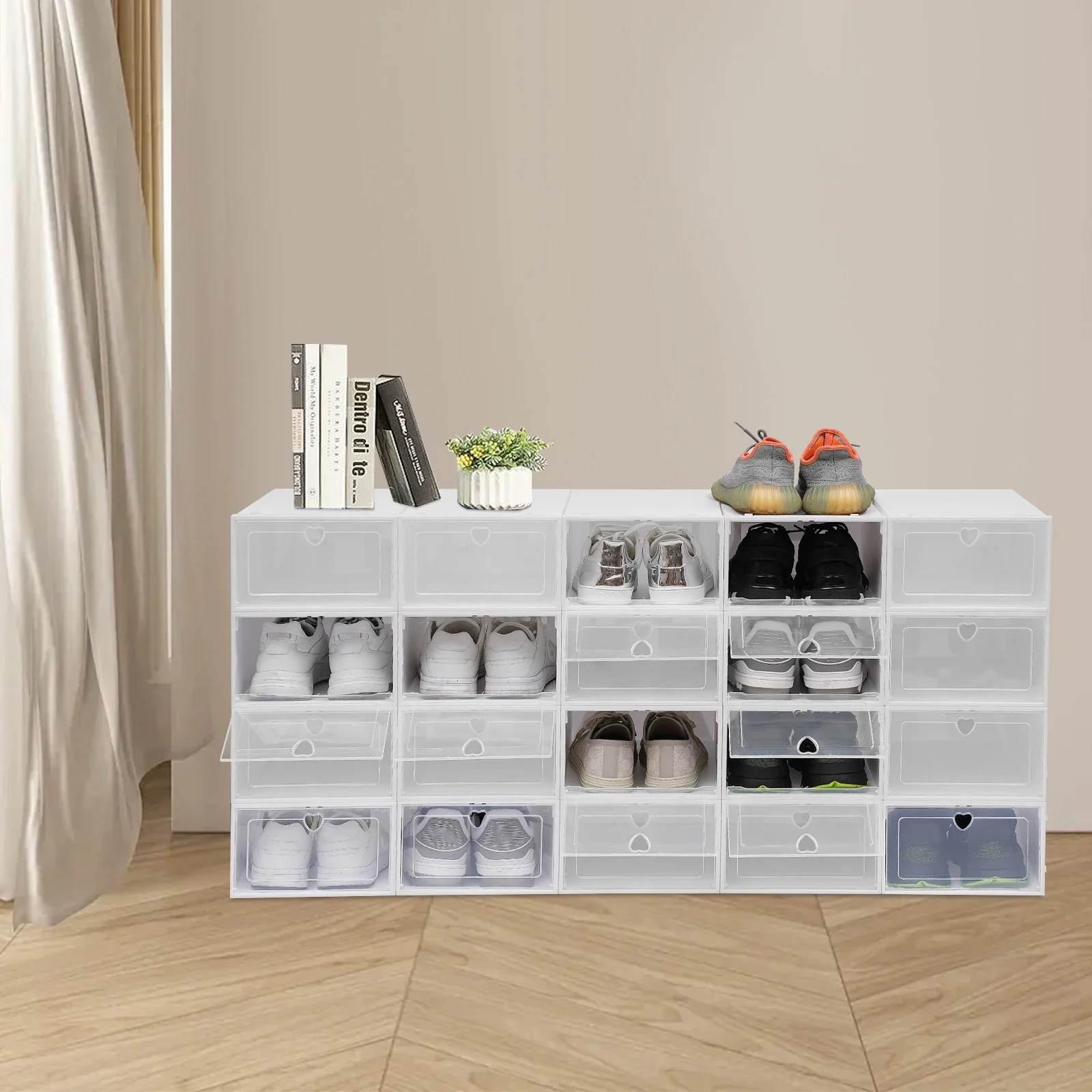 

20 Pcs Clear Plastic Stackable Shoe Boxes,Snap Interlocking System Without Easy Separation,for Different Sized Spaces Entrance